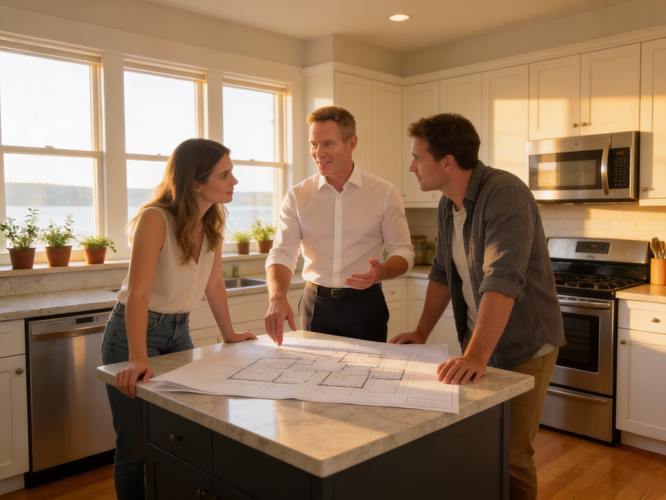 Chris Sinclair and two people reviewing plans at a kitchen island