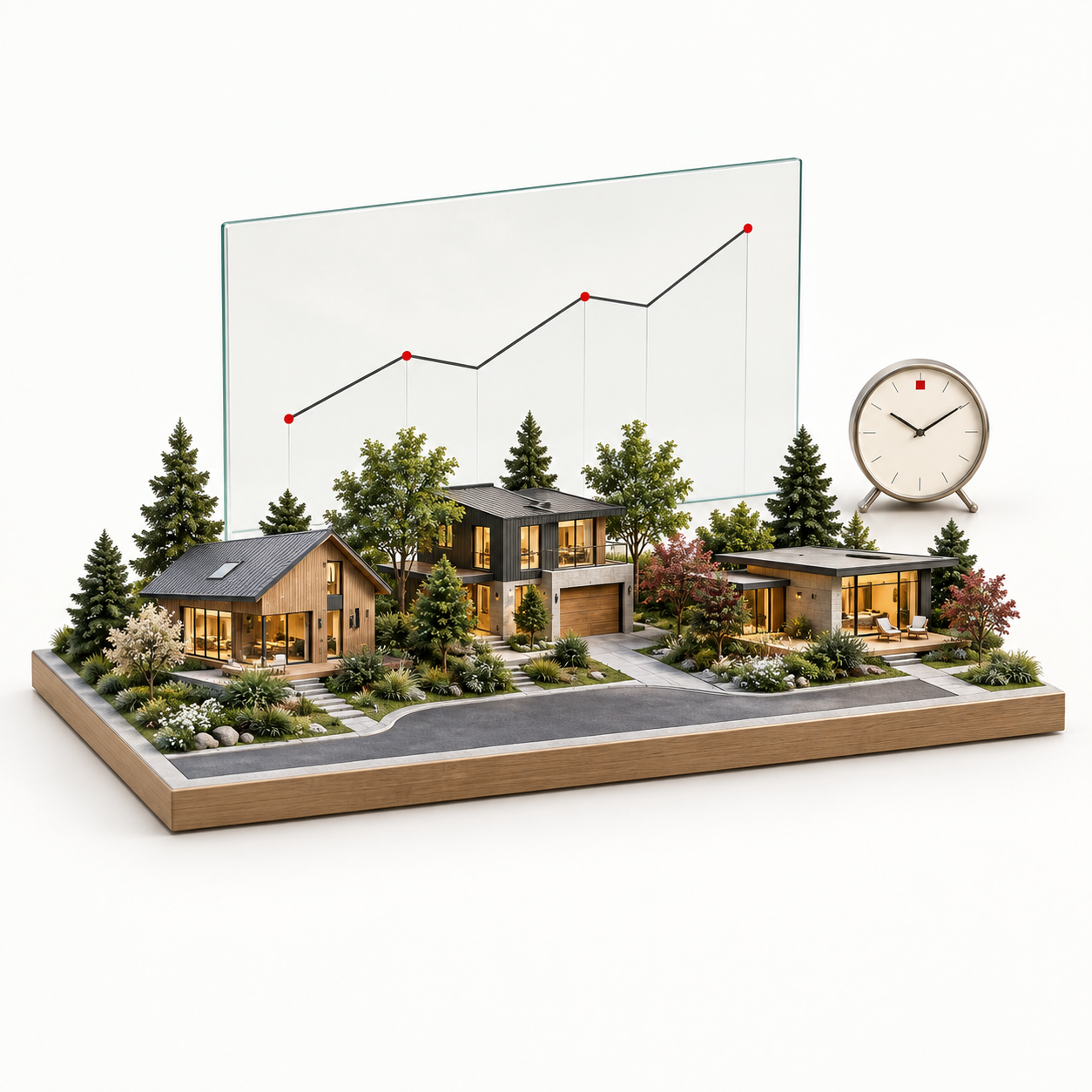 A miniature neighbourhood with a glass market graph and signature clock