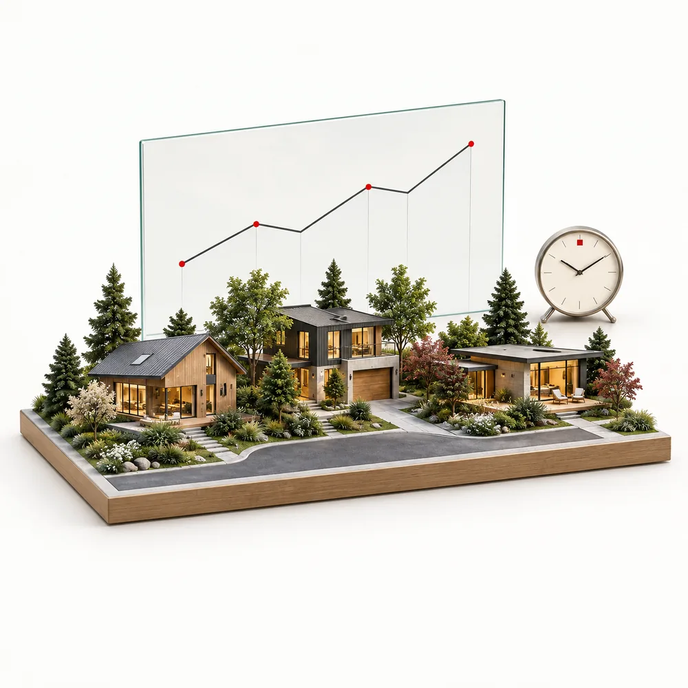 A miniature neighbourhood with a glass market graph and signature clock