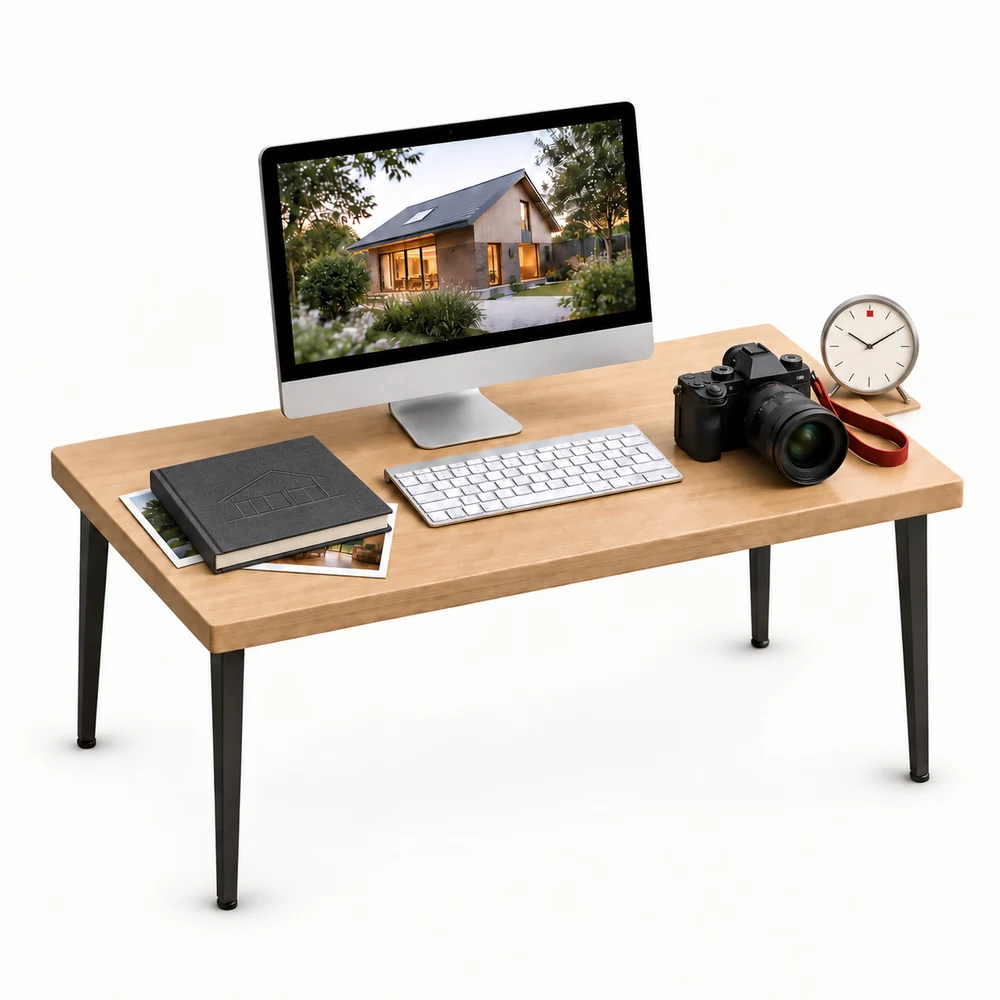 A miniature media desk with a film monitor, camera, clothbound architecture book resting on photographs, and signature clock