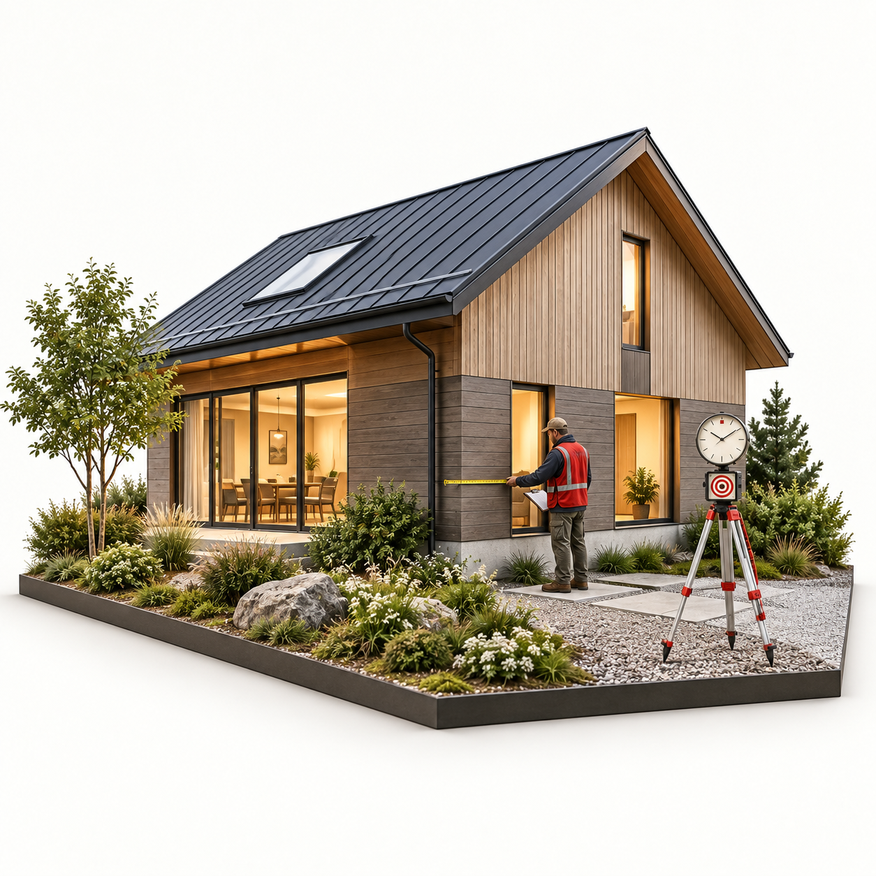 A miniature home with a person measuring its exterior and a survey instrument with a clock and red accuracy target