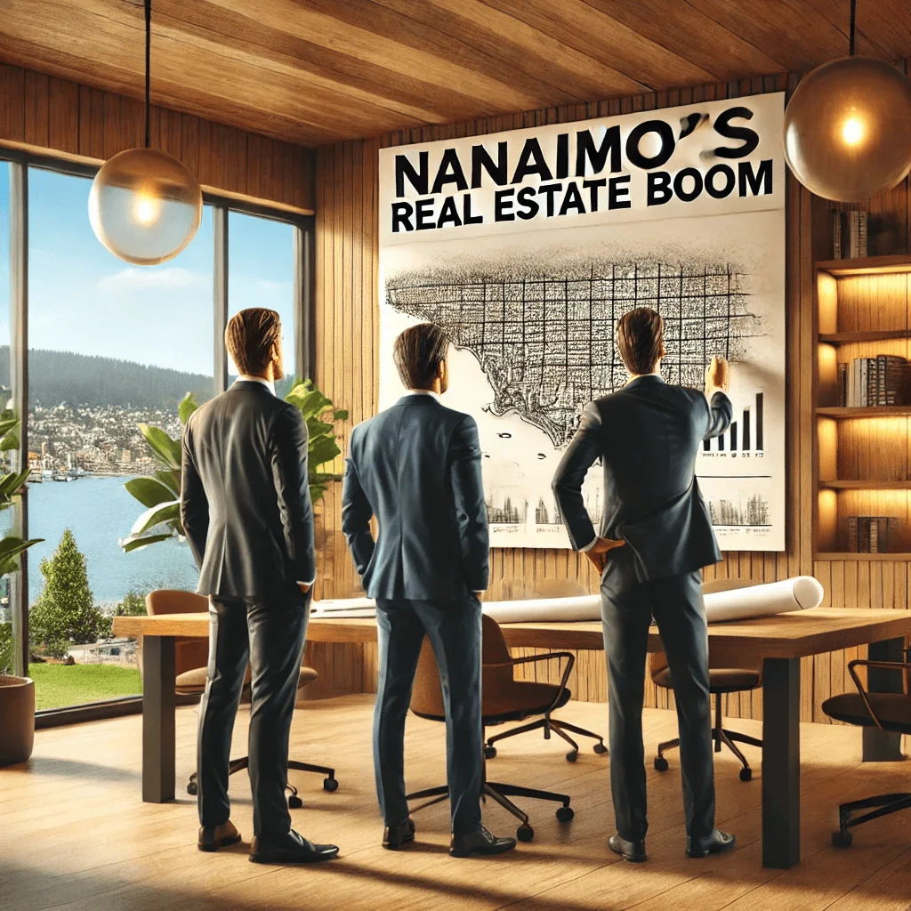 Three men in suits standing Infront of board reading "Nanaimo Real Estate Booms"