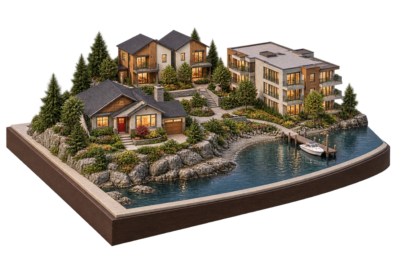 An illustrative architectural miniature of coastal homes and a Nanaimo-inspired harbour, with a For sale sign changing to Sold.