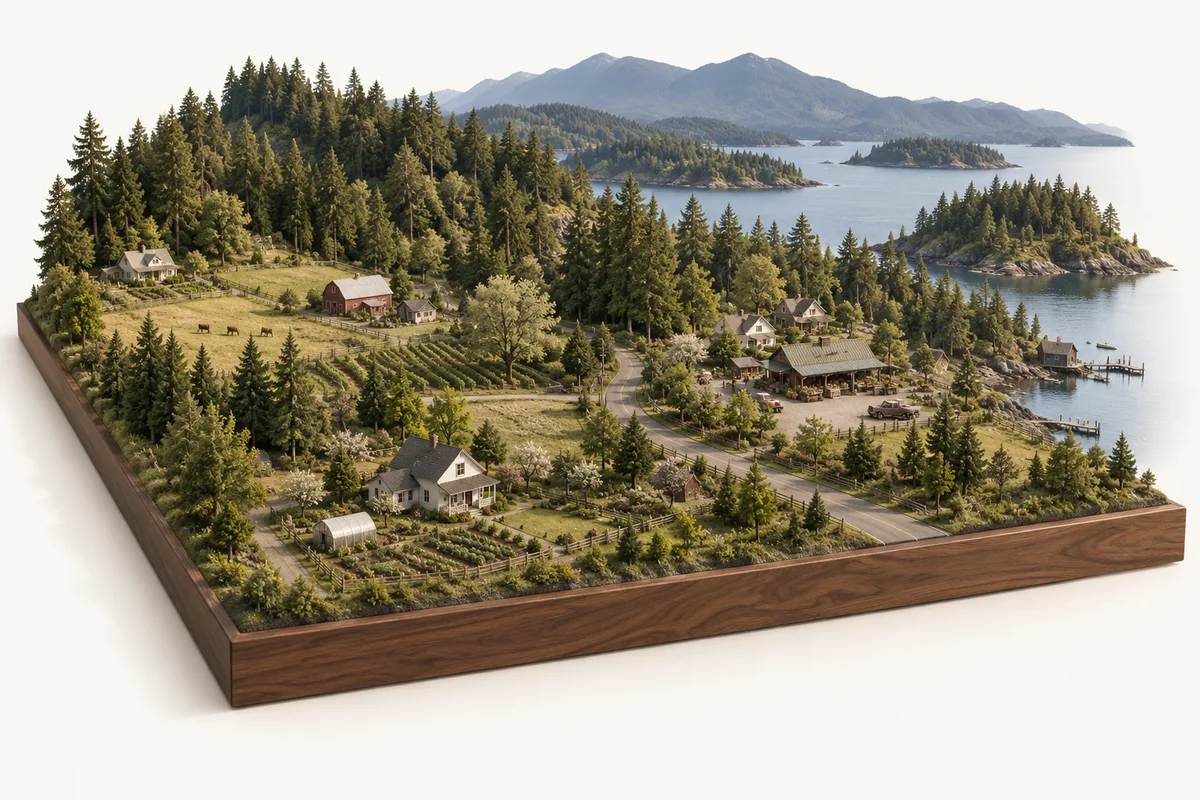 Architectural miniature illustrating the landscape and residential character of Cedar. Concept illustration, not a geographic map.