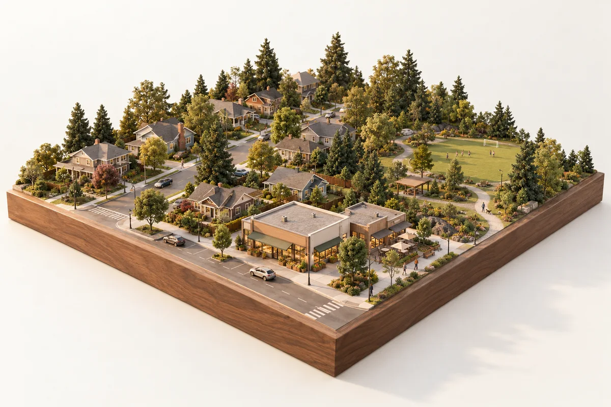 Architectural miniature illustrating the landscape and residential character of Central Nanaimo. Concept illustration, not a geographic map.