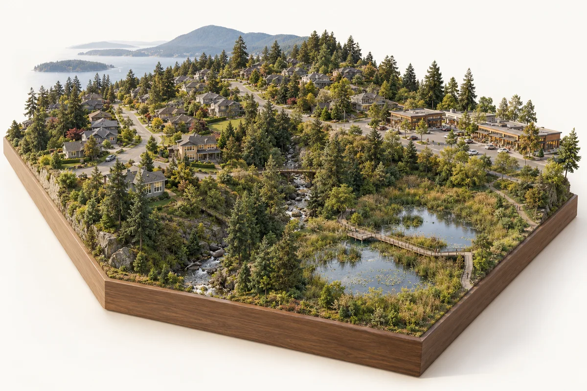 Architectural miniature illustrating the landscape and residential character of Chase River. Concept illustration, not a geographic map.