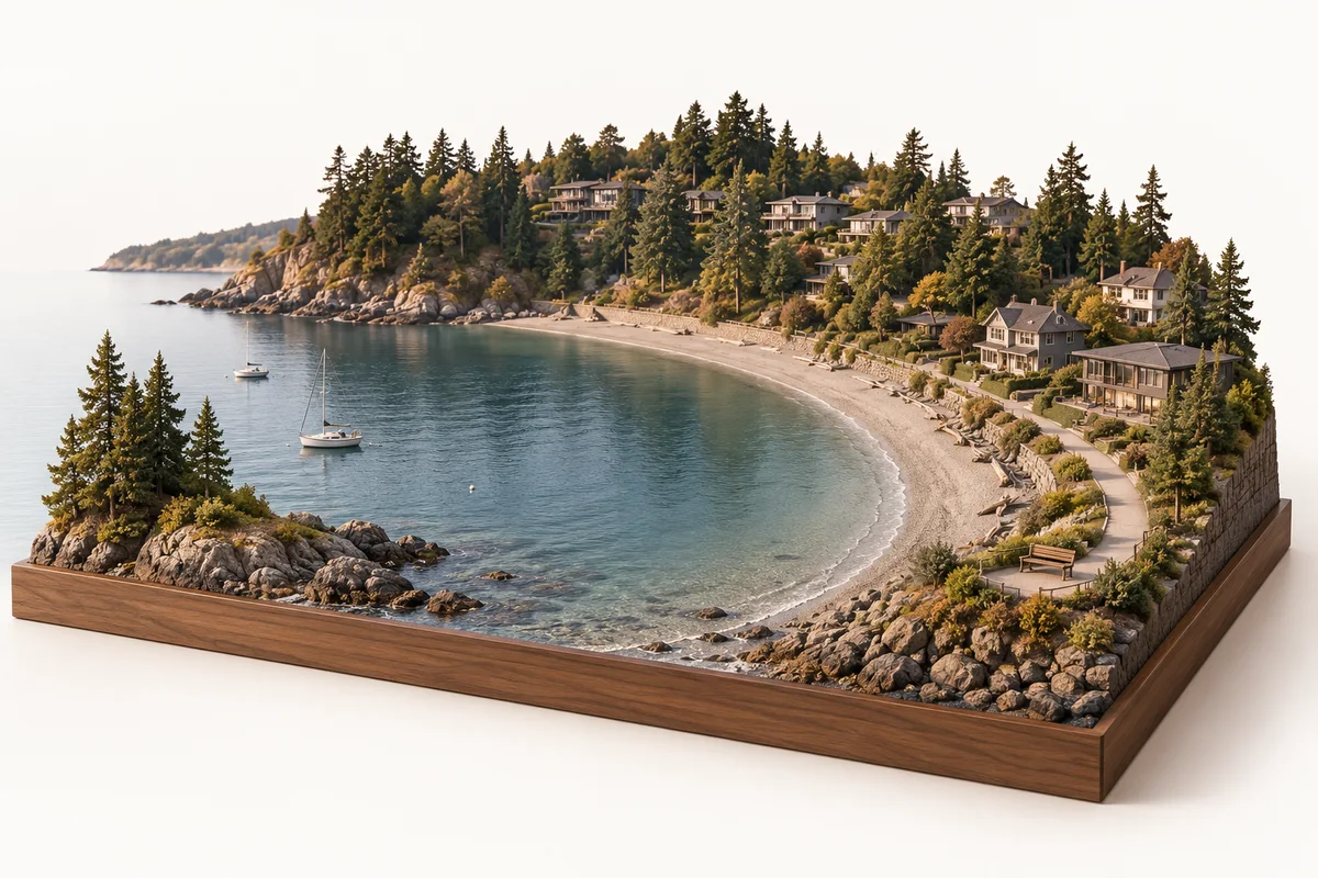 Architectural miniature illustrating the landscape and residential character of Departure Bay. Concept illustration, not a geographic map.
