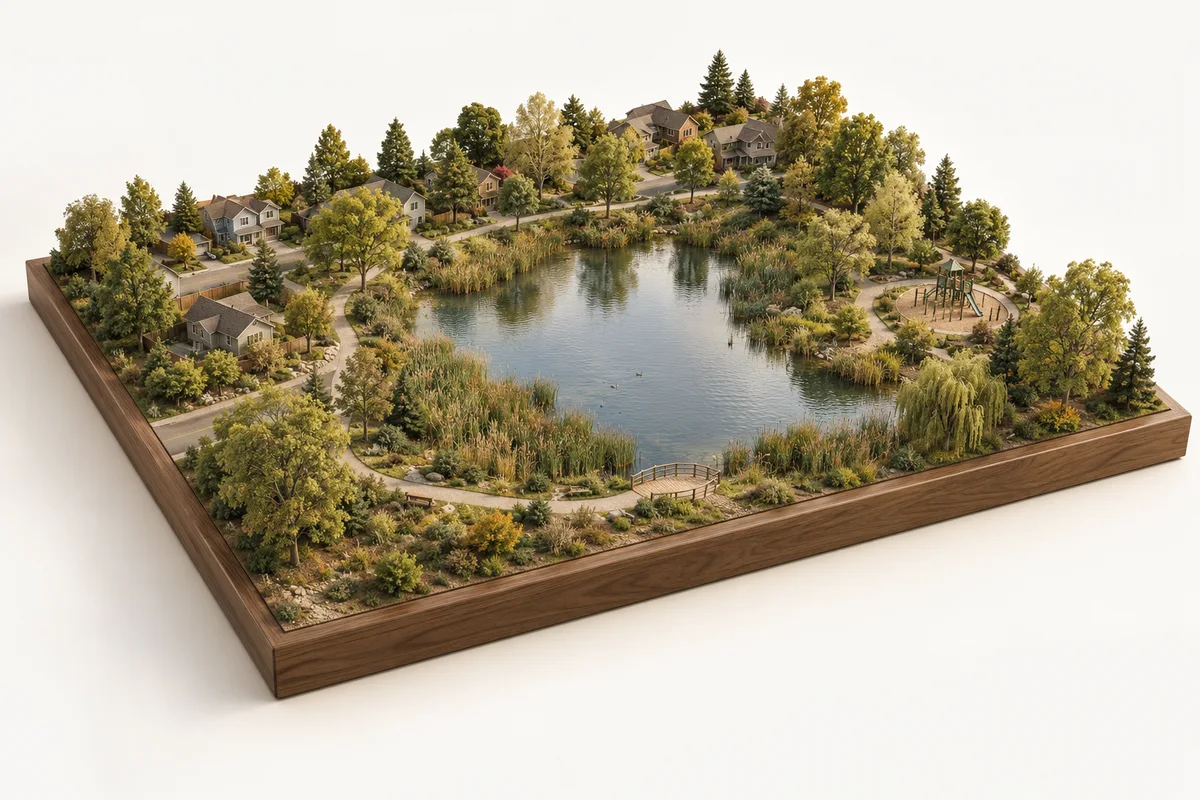 Architectural miniature illustrating the landscape and residential character of Diver Lake. Concept illustration, not a geographic map.