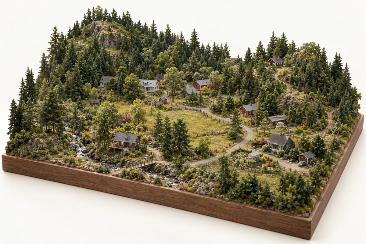 Architectural miniature illustrating the landscape and residential character of Extension. Concept illustration, not a geographic map.