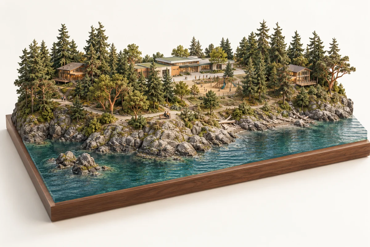 Architectural miniature illustrating the landscape and residential character of Hammond Bay. Concept illustration, not a geographic map.