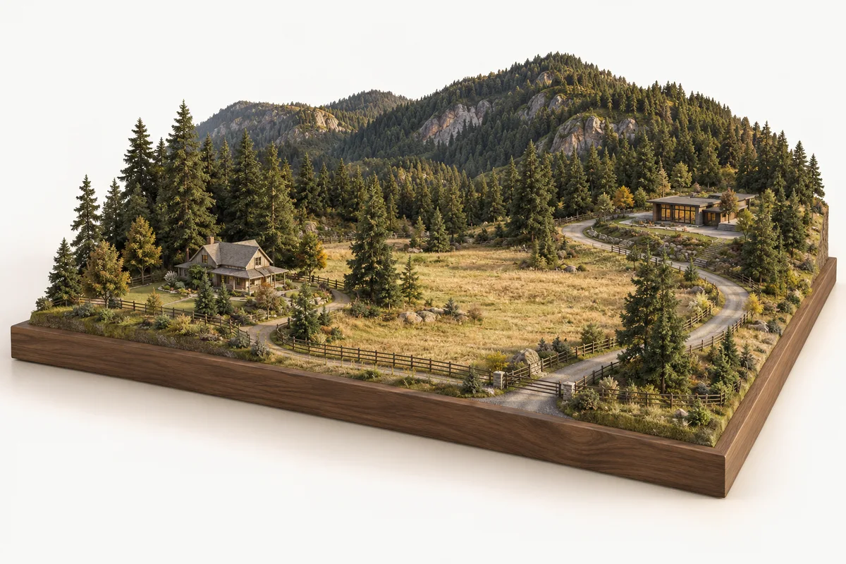 Architectural miniature illustrating the landscape and residential character of North Jingle Pot. Concept illustration, not a geographic map.