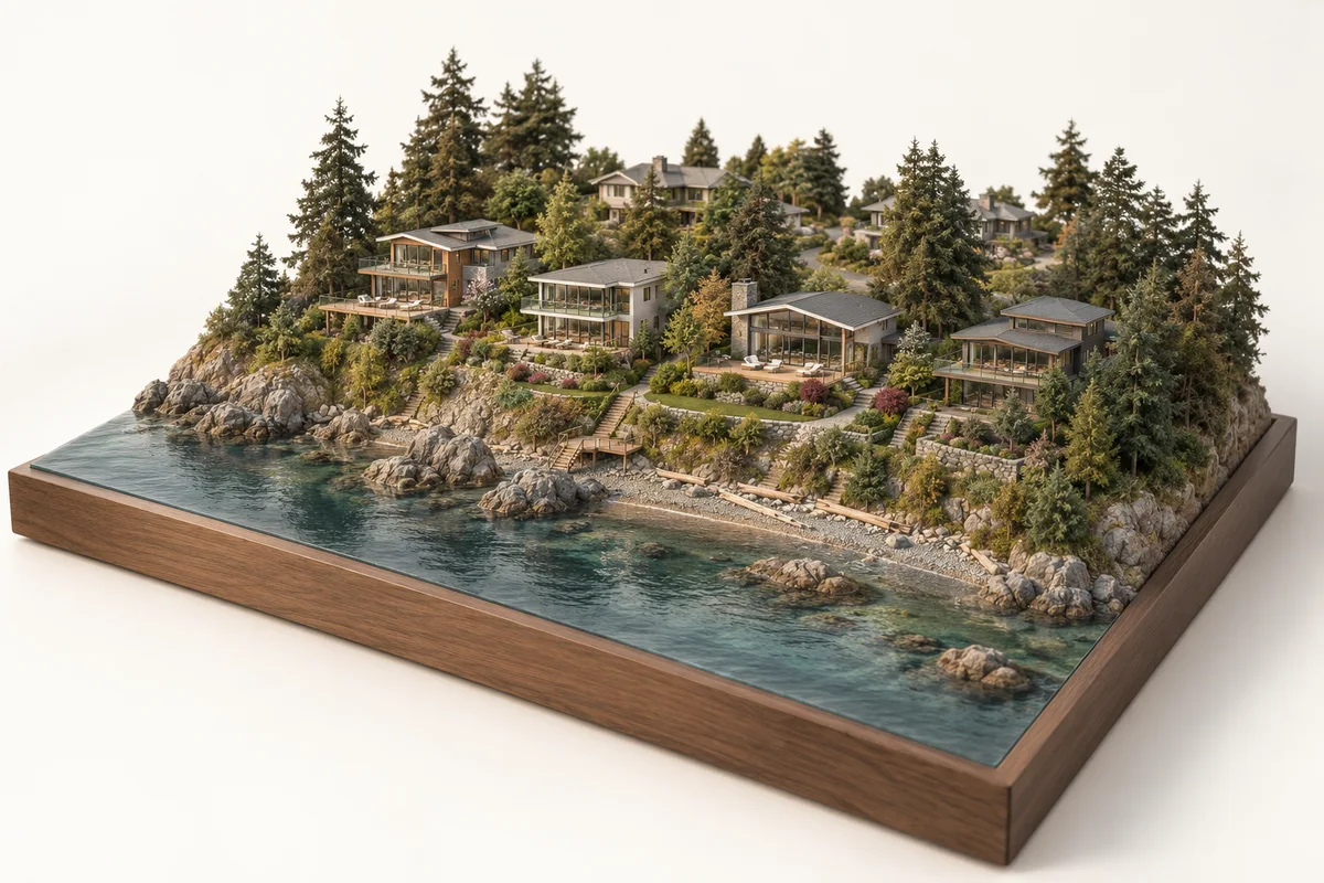 Architectural miniature illustrating the landscape and residential character of North Nanaimo. Concept illustration, not a geographic map.