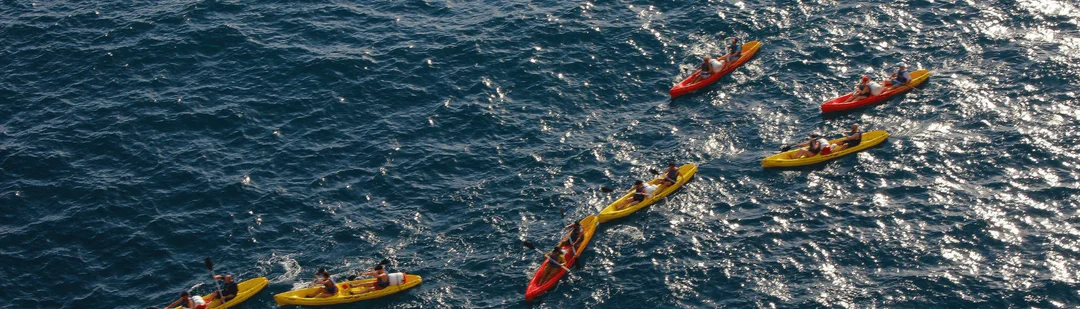 A group of colourful kayaks on sunlit coastal water