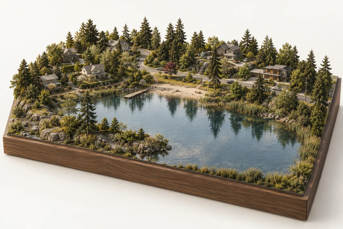 Architectural miniature illustrating the landscape and residential character of Pleasant Valley. Concept illustration, not a geographic map.