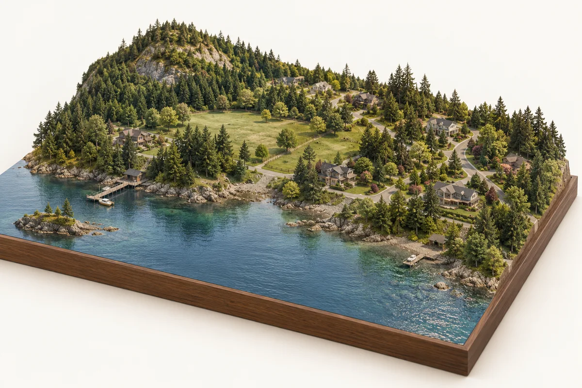 Architectural miniature illustrating the landscape and residential character of South Jingle Pot. Concept illustration, not a geographic map.