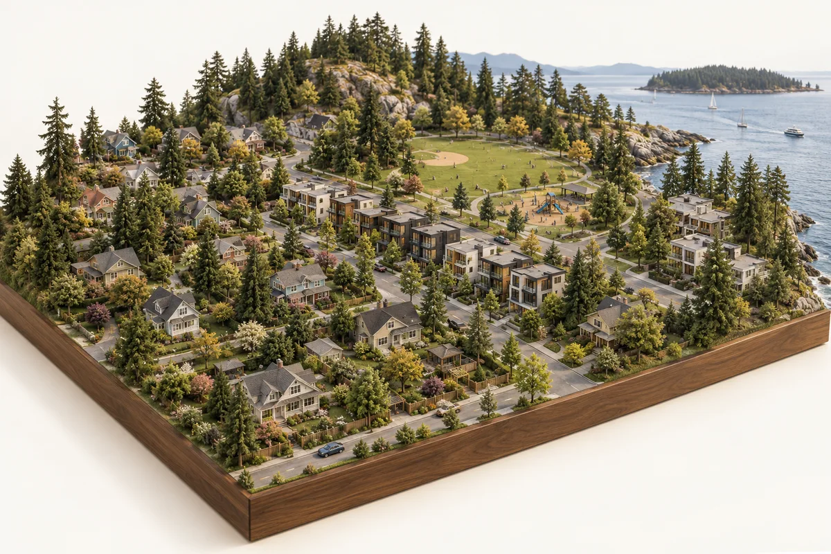 Architectural miniature illustrating the landscape and residential character of South Nanaimo. Concept illustration, not a geographic map.