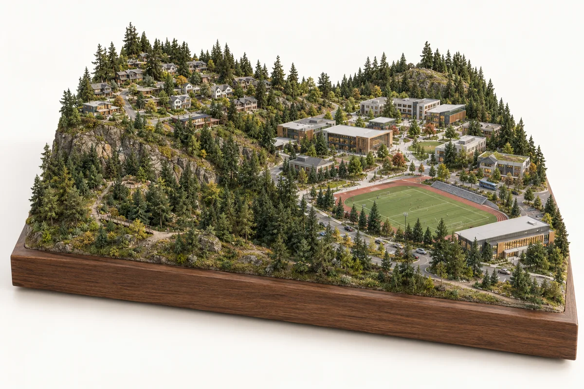 Architectural miniature illustrating the landscape and residential character of University District. Concept illustration, not a geographic map.