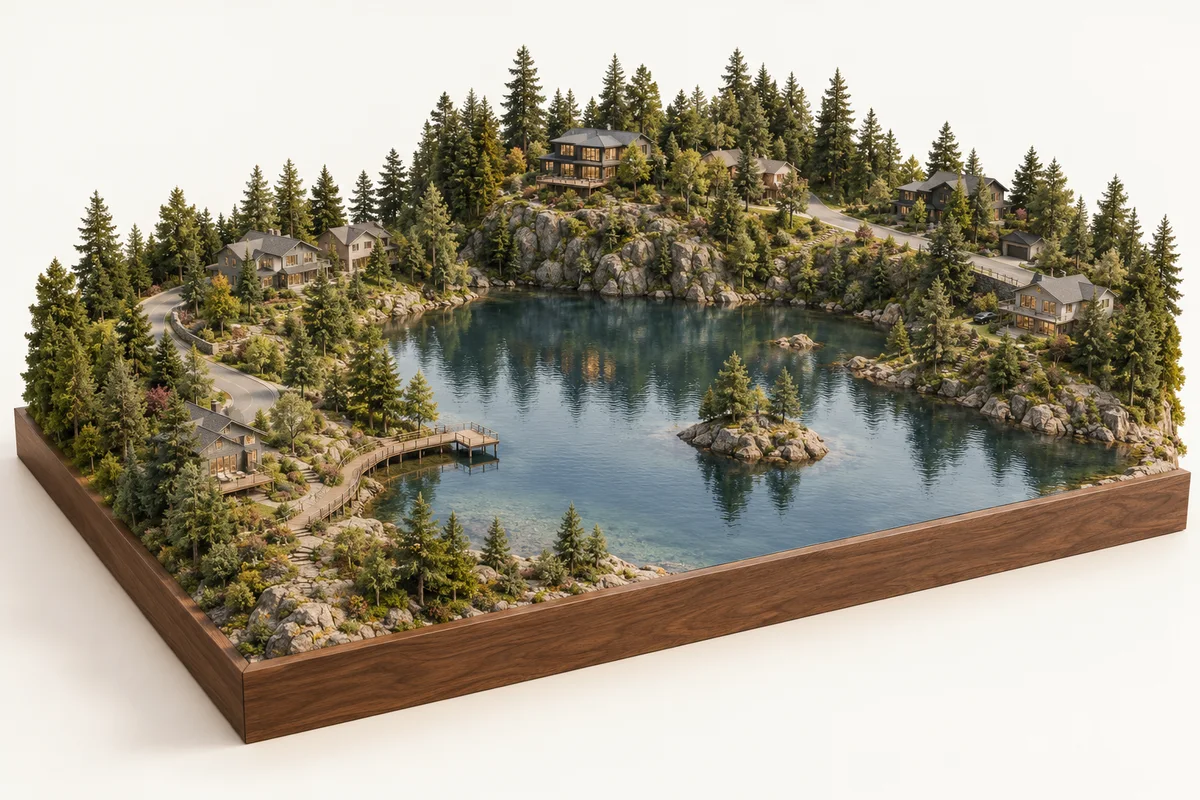 Architectural miniature illustrating the landscape and residential character of Uplands. Concept illustration, not a geographic map.