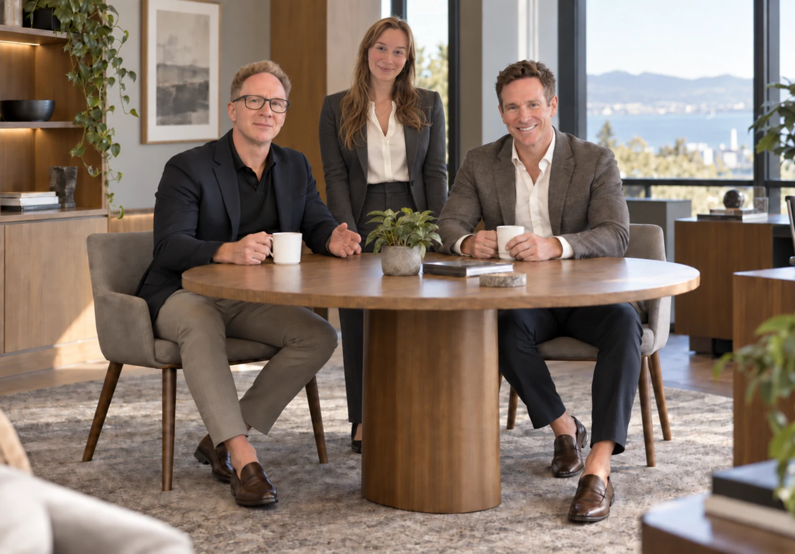 Creative team portrait of Derek Gillette and Chris Sinclair seated at a table, with Kyra Gillette standing behind them