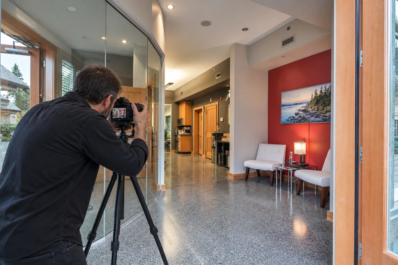 A photographer composing an architectural photograph inside the Rutherford Road office