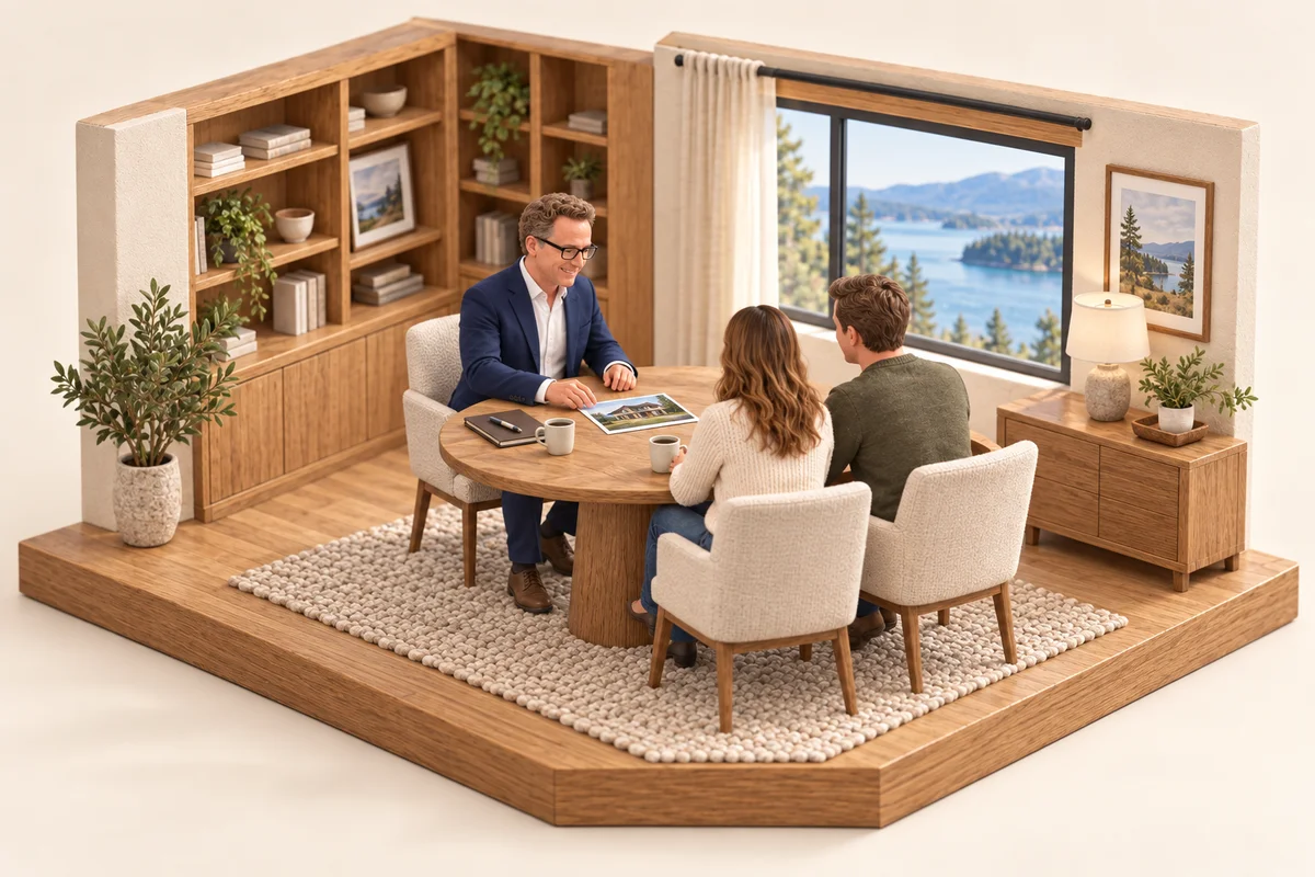 A 3D miniature of Derek discussing a home with homeowners around the office table