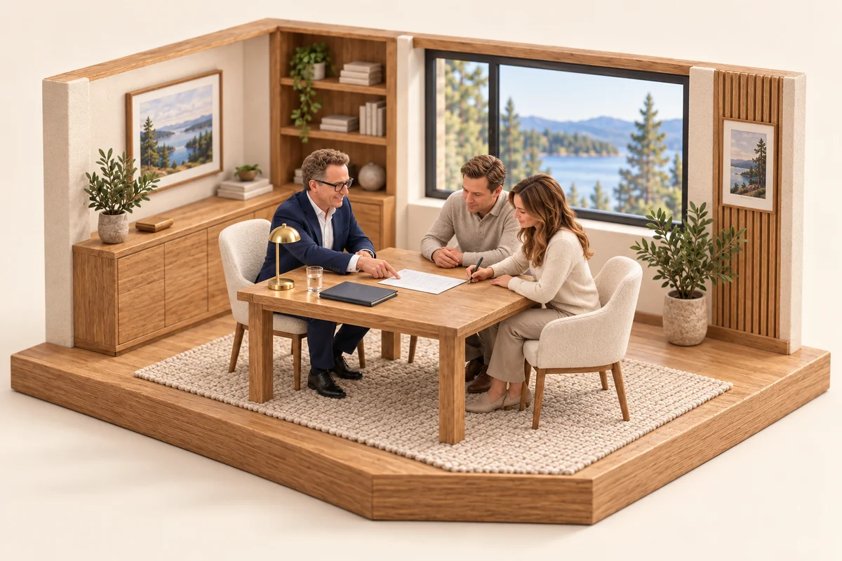 A 3D miniature of Derek reviewing an offer with homeowners
