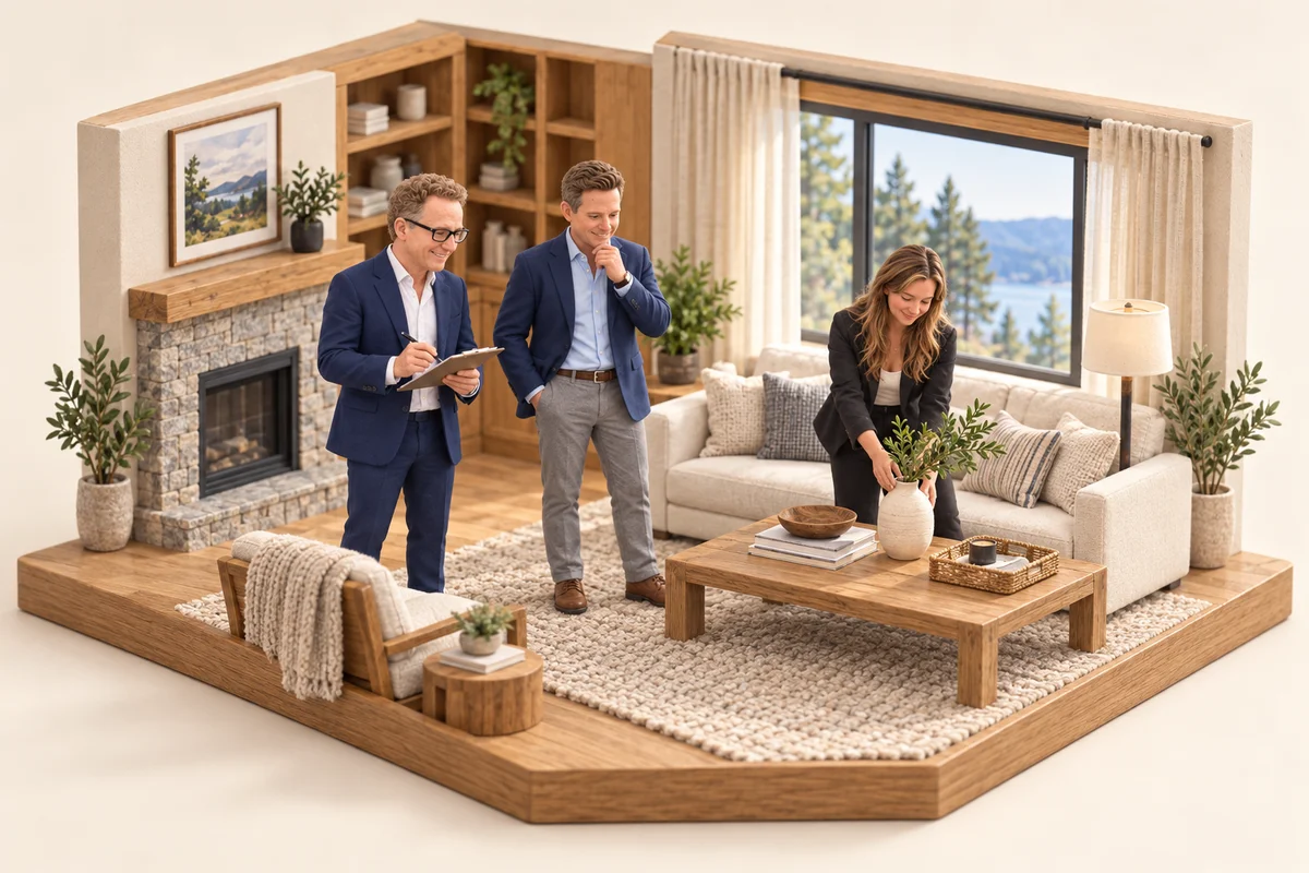 A 3D miniature of Derek and Chris reviewing a home while Kyra arranges flowers