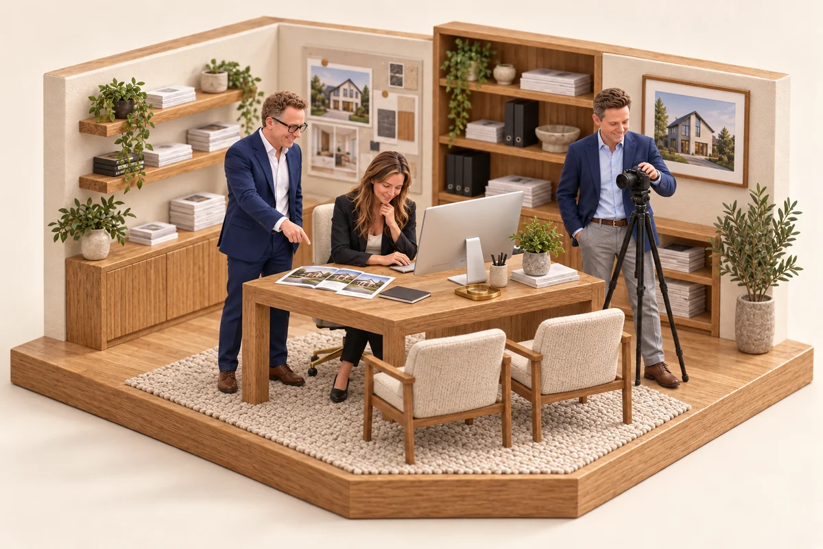 A 3D miniature of Derek, Chris and Kyra preparing property photography and marketing
