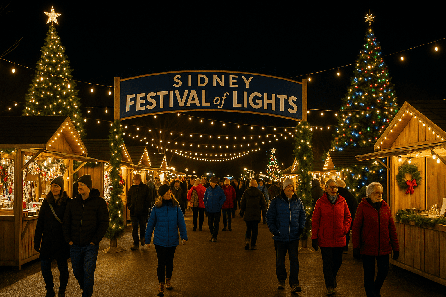 Outdoor holiday market on Vancouver Island with lights and festive stalls.