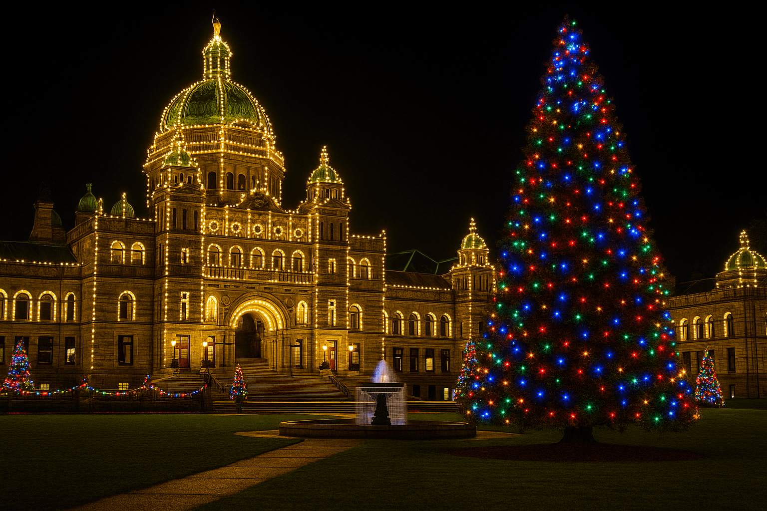 Festive nighttime scene at the BC Legislature with Christmas tree and lights.