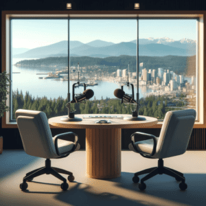 Image of a board room with two chair at a table with Podcast mics, overlooking a landscape of Vancouver Island Houses