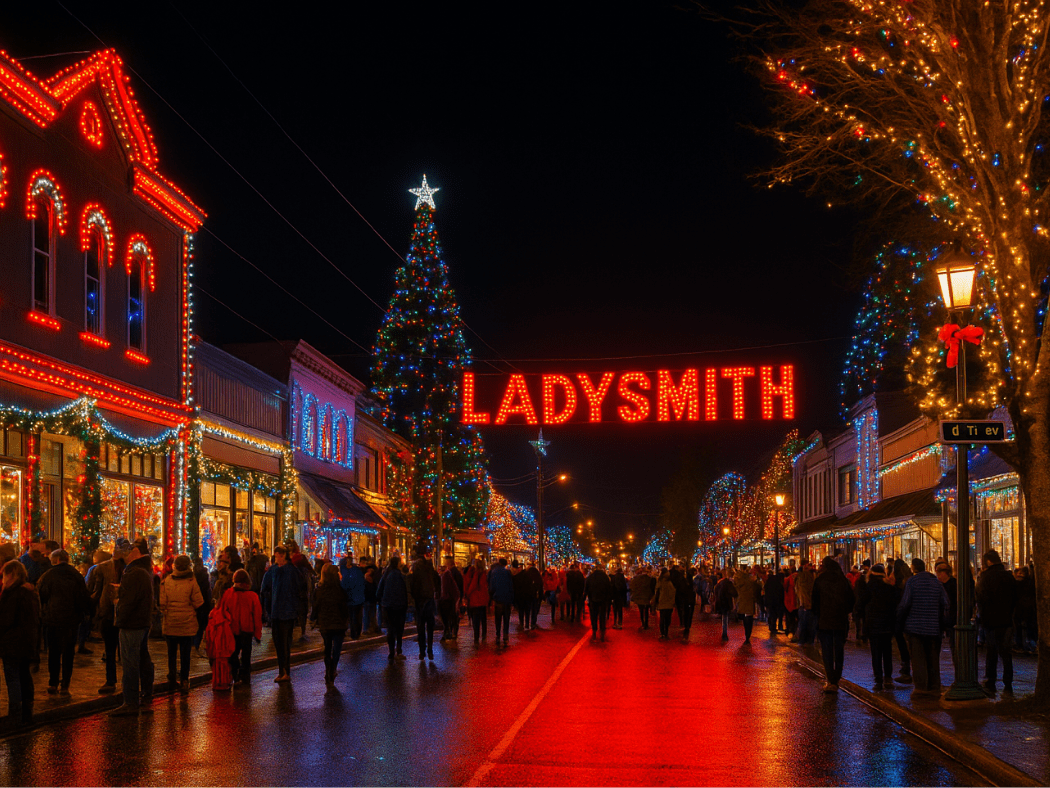Downtown Ladysmith at night with colourful Christmas lights and decorated trees.